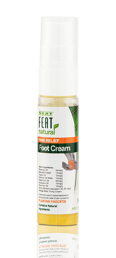 Neat Feat Natural Pain Relief Foot Cream tube, clear with a white label and white cap, showcasing the product's branding.
