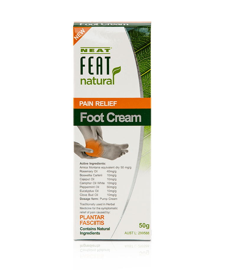Front of the Neat Feat Natural Pain Relief Foot Cream box, mostly white with branding and product information prominently displayed.