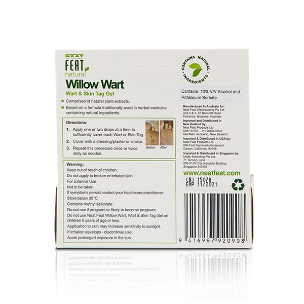 Back of the Neat Feat Natural Willow Wart and Skin Tag Gel box, mostly white with a barcode, directions for use, and product information.