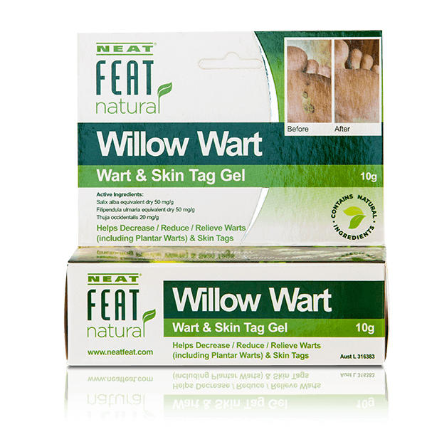 Neat Feat Natural Willow Wart and Skin Tag Gel box, shown face-on with a green and white design, featuring before and after examples of the product's results.