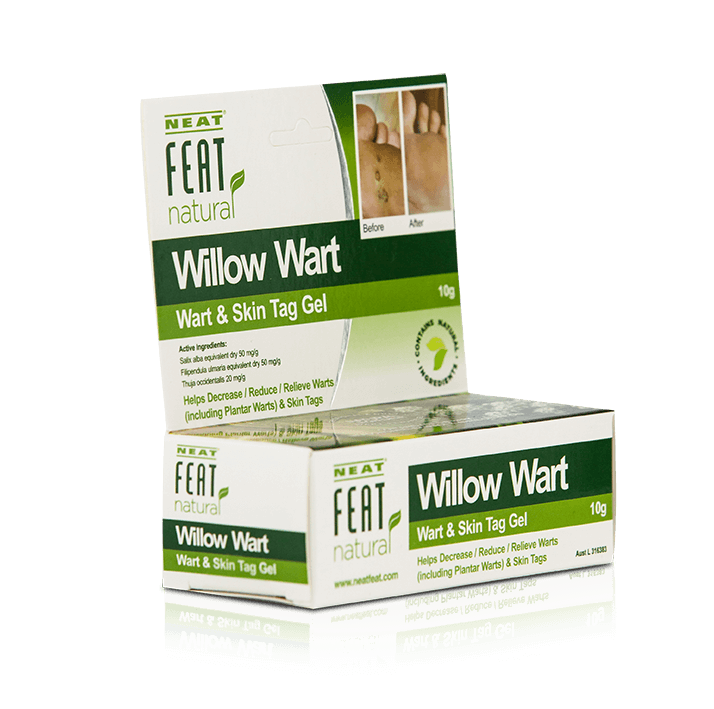 Neat Feat Natural Willow Wart and Skin Tag Gel box, shown at a slight angle, highlighting the green and white design with before and after examples.