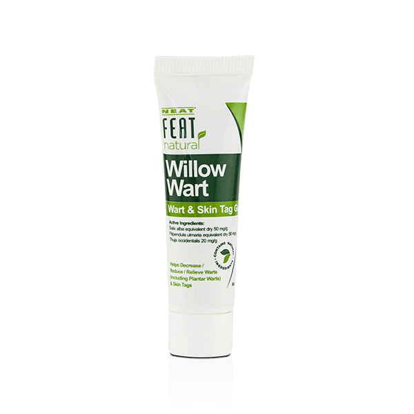 Neat Feat Natural Willow Wart and Skin Tag Gel tube, mostly white with a green label, displaying the product's branding.