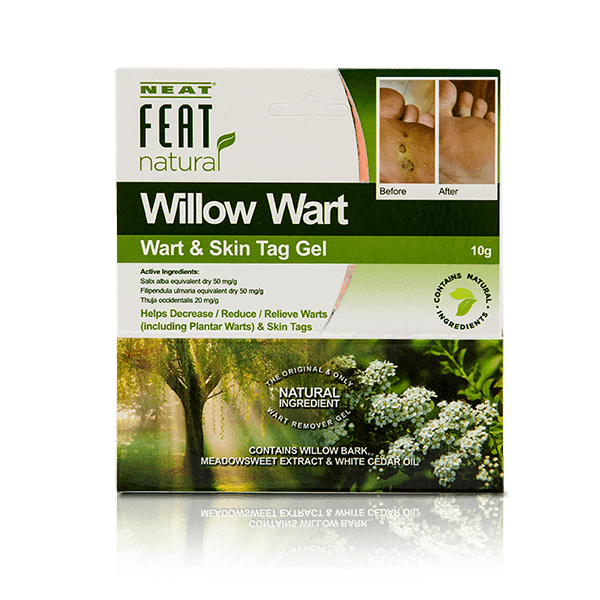 Back of the Neat Feat Natural Willow Wart and Skin Tag Gel box, predominantly green with a natural forest view image, featuring product details