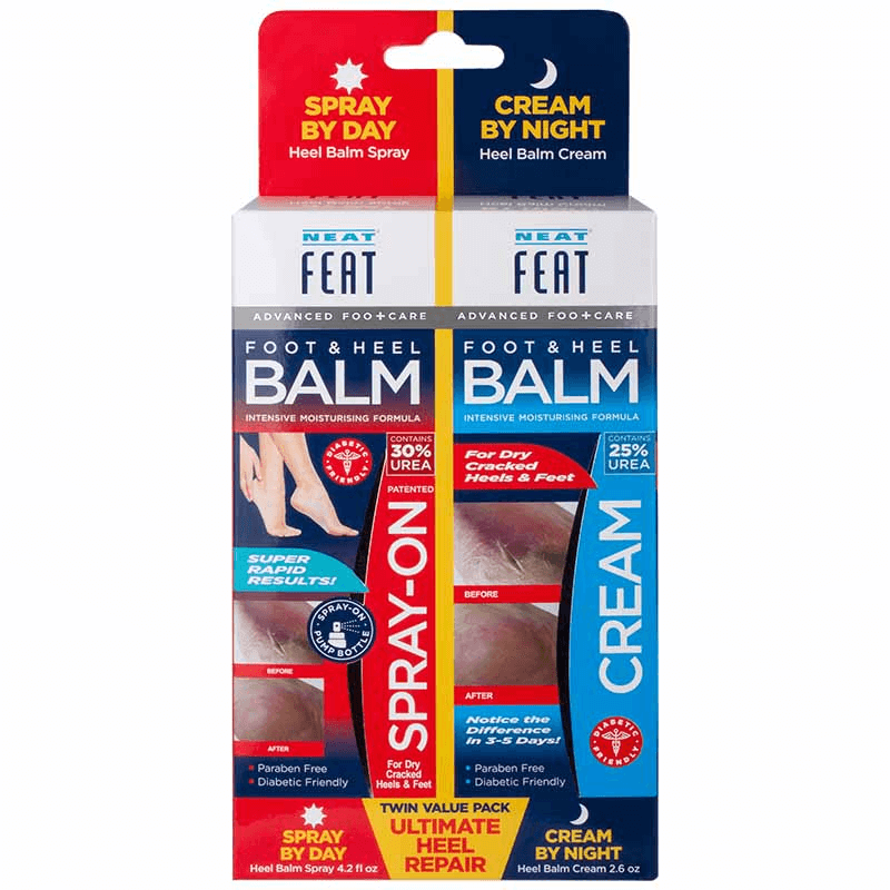 Neat Feat Ultimate Heel Repair 2-in-1 Spray and Cream Value Pack box, showcasing the product packaging with clear branding.