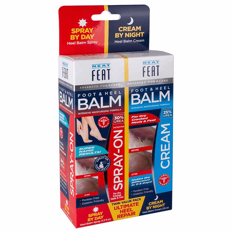 Neat Feat Ultimate Heel Repair 2-in-1 Spray and Cream Value Pack box, shown from the front at a slight angle, highlighting the product branding and design.