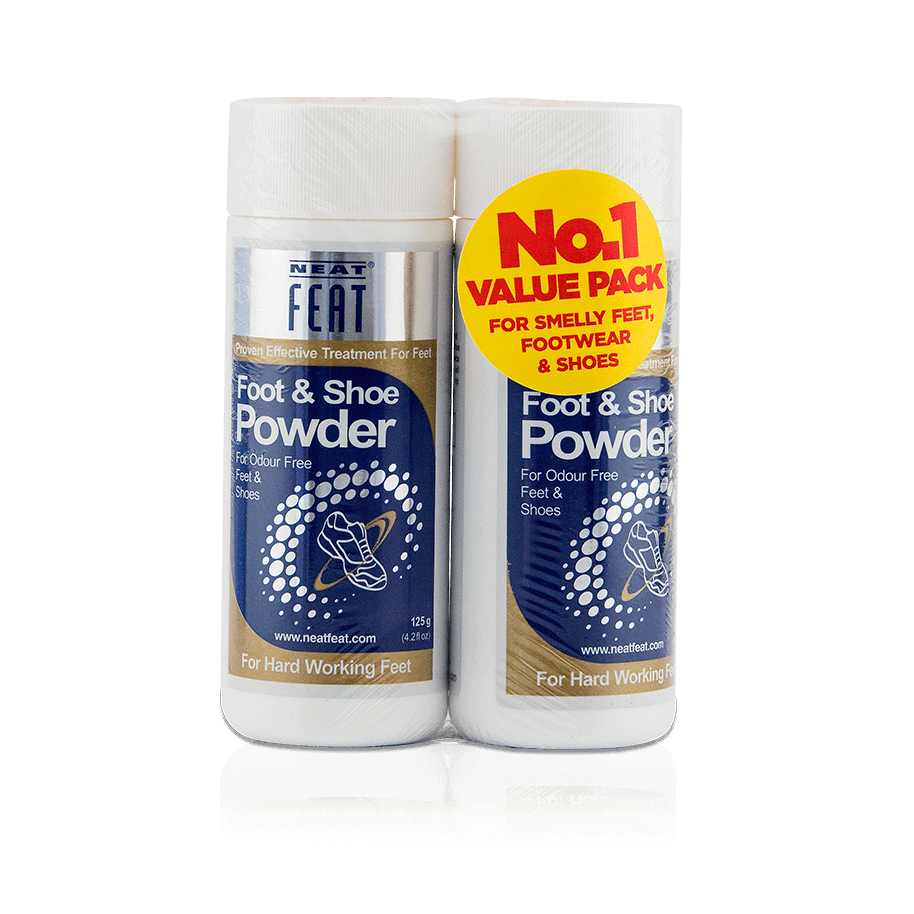 Neat Feat Foot & Shoe Powder twin pack standing upright in white tubes with blue, gold, and silver labels, featuring a large yellow 'Value Pack' label.