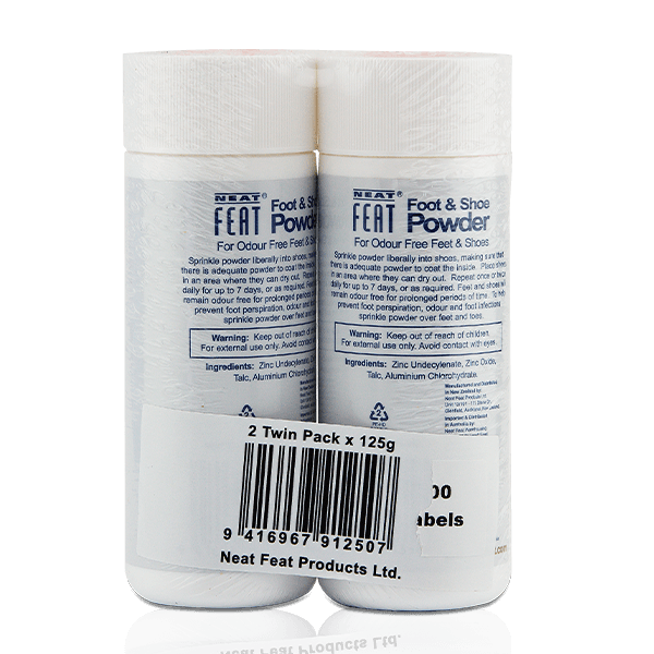 Back of Neat Feat Foot & Shoe Powder twin pack, showing mostly white packaging with blue text, logos, and a barcode.