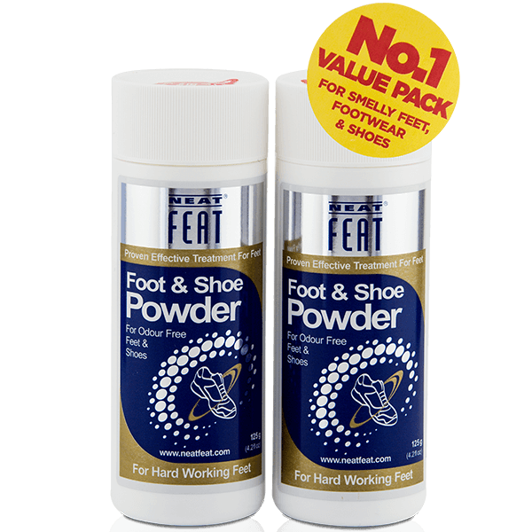 Neat Feat Foot & Shoe Powder twin pack standing upright in white tubes with blue, gold, and silver labels, featuring a large yellow 'Value Pack' label.