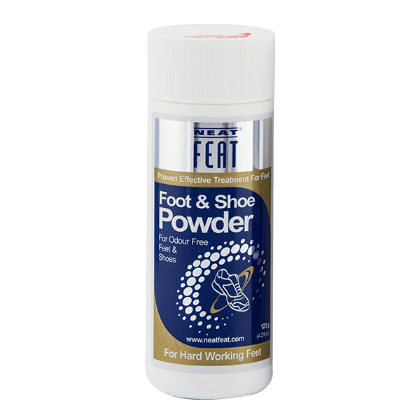 Neat Feat Foot & Shoe Powder standing upright in a white tube with a blue, gold, and silver label.