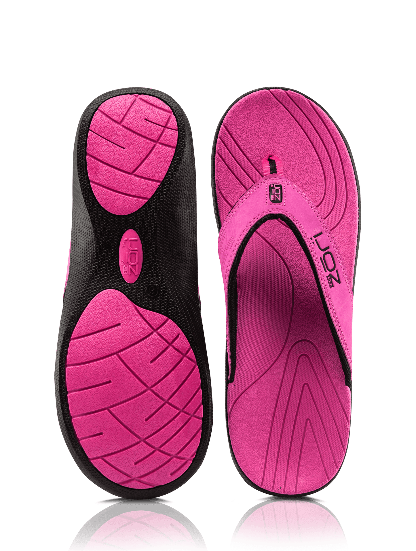 Neat Zori Female Pink sandals, top view with one sandal flipped to show its black underside with pink pads, both sandals displayed side by side.