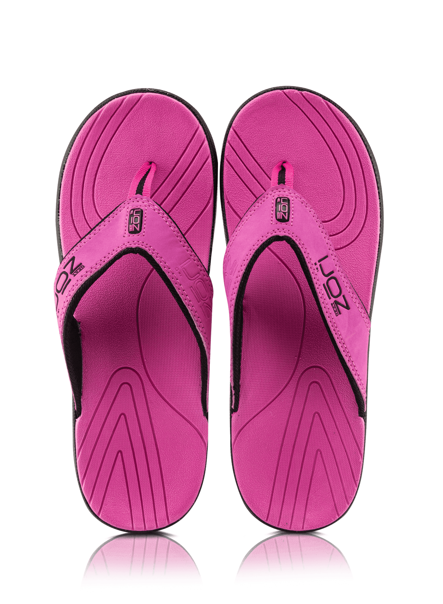 Neat Zori Female Pink sandals, one lying flat and the other on its side showing the top view, featuring black underside, mostly pink straps with black accents, and pink soles.