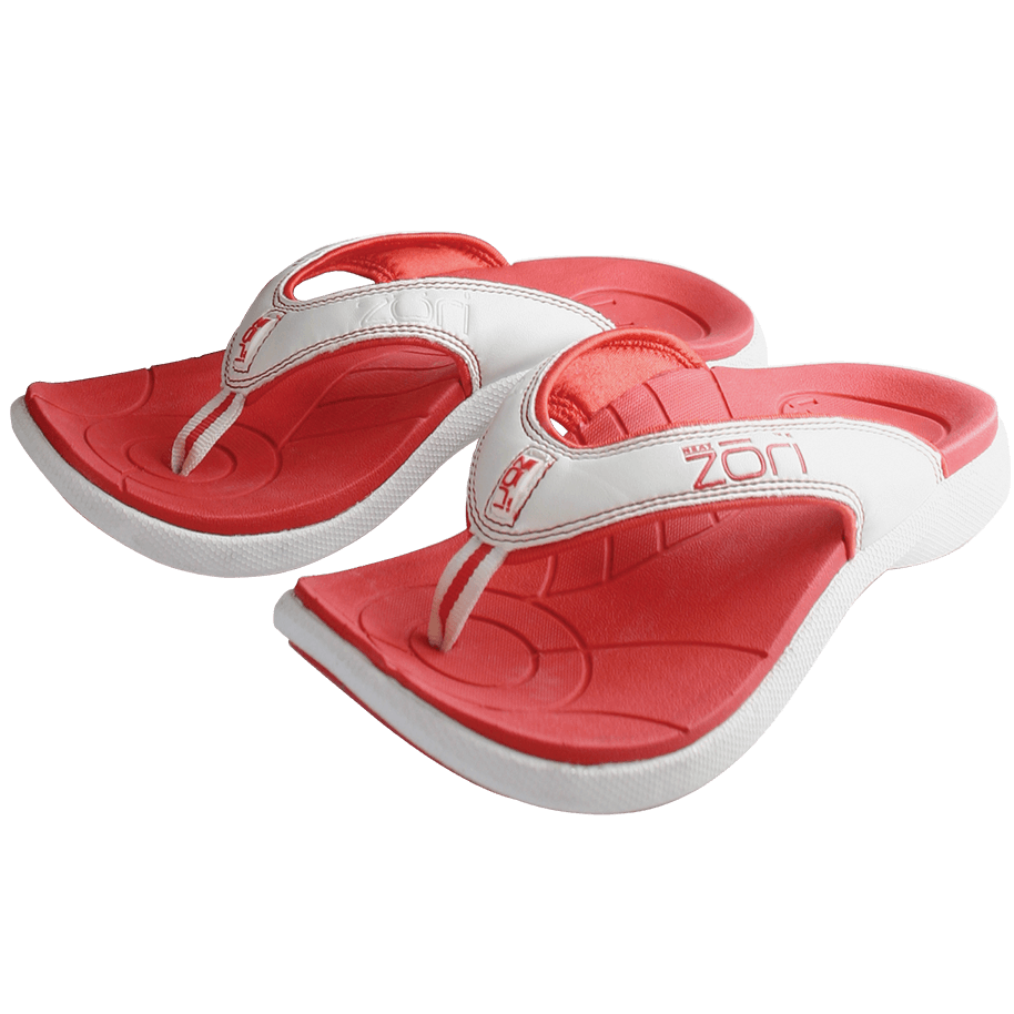 Zori Red sandals with red soles, white straps, and white underside, displayed side by side.