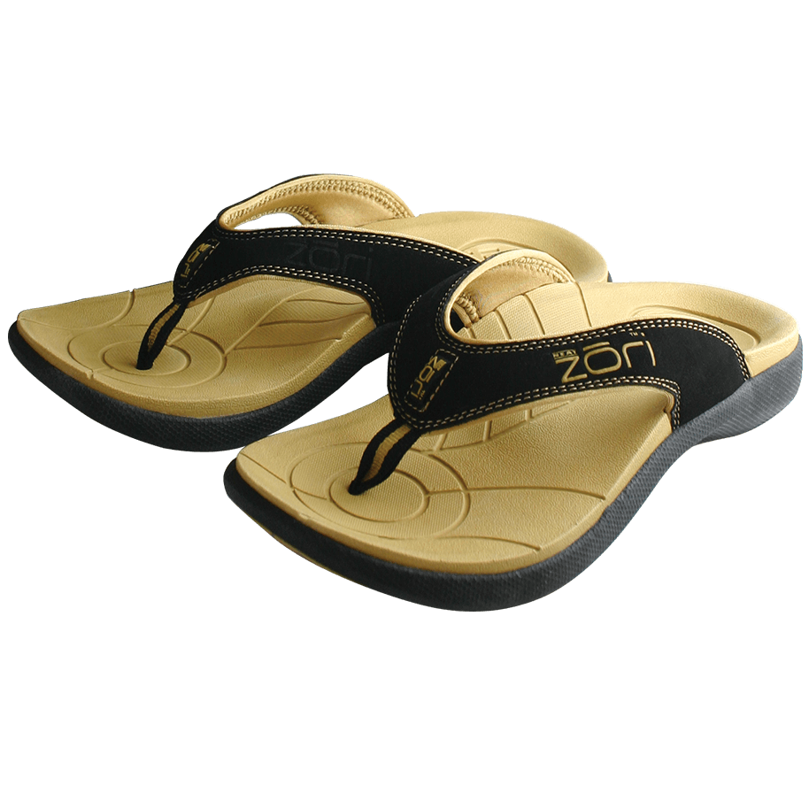 Neat Zori Orthotic Tan sandals side by side, featuring a tan footbed with a black strap and black sole.