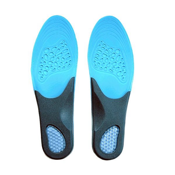 Underside view of Neat Feat Platinum Series Advanced Memory Foam Insoles side by side, featuring a mostly blue design with added black support around the heel and arch, plus an extra cushioned heel pad for enhanced comfort.