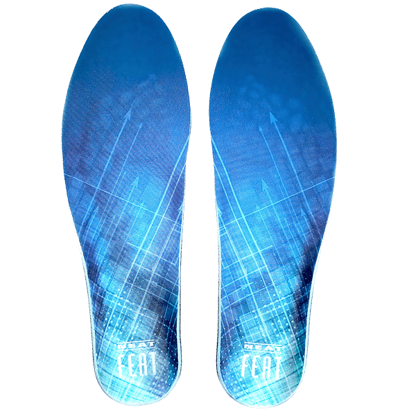Top view of Neat Feat Platinum Series Advanced Memory Foam Insoles side by side, showcasing their blue design with a white logo.