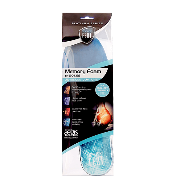 Front view of Neat Feat Platinum Series Advanced Memory Foam Insole packaging, featuring a black label with blue accents and a clear section revealing the blue insole design.