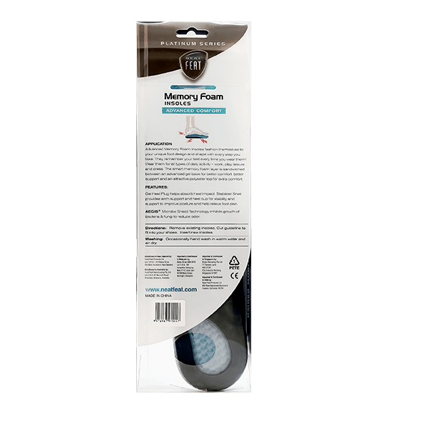 Back view of Neat Feat Platinum Series Advanced Memory Foam Insole packaging, predominantly white with mostly black text detailing product information.