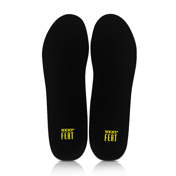 Top view of the Neat Feat Platinum Series Energy Massage Gel Insoles, sitting side by side. The black surface of the insoles is visible, with the yellow logo prominently displayed on each insole.