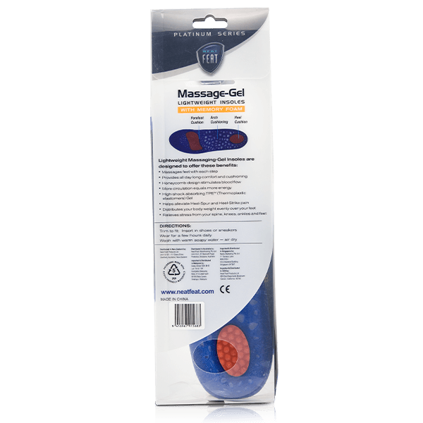 Back view of the Neat Feat Platinum Series Energy Massage Gel Insoles packaging. The box is mostly white with predominantly black text, and a small window exposes the heel of the insole, showcasing its unique design.