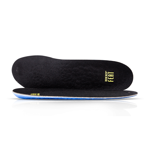 Side view of the Neat Feat Platinum Series Energy Massage Gel Insoles. One insole is laying flat, while the other stands upright on its side, showcasing the sleek design and gel structure.