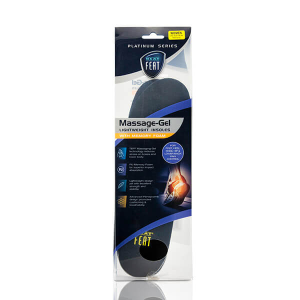 Front view of the Neat Feat Platinum Series Energy Massage Gel Insoles packaging. The mostly clear packaging features a black label with blue accents, and the black tops of the insoles with a yellow logo are visible through the transparent section.