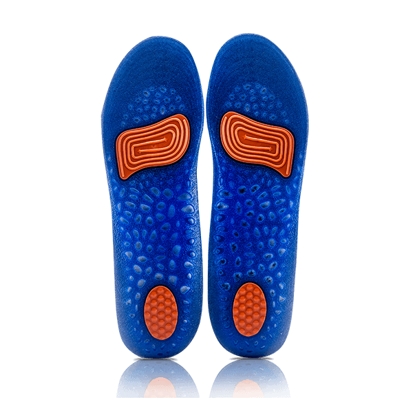 Bottom view of the Neat Feat Platinum Series Energy Massage Gel Insole, featuring a mostly blue ribbed design with orange pads strategically placed for added comfort and support.