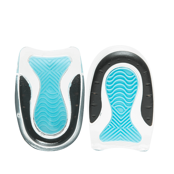 Underside view of the Neat Feat Heel Cups. The base features a smooth design with a blue heel pad and black trim around the heel for added stability and comfort.