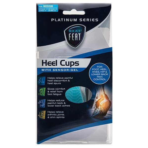 Front view of the Neat Feat Heel Cups packaging. The design is mostly clear with black and blue accents, showcasing the blue heel cups visible through the transparent section.