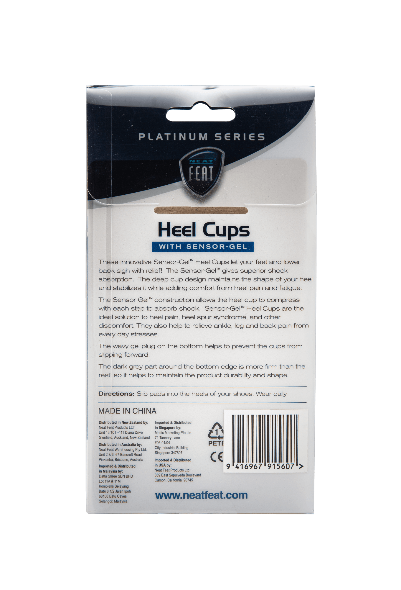 Back view of the Neat Feat Heel Cups packaging. The box is mostly white with predominantly black text, detailing product information and usage instructions.