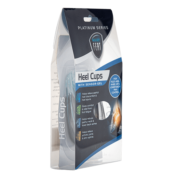 Side angle view of the Neat Feat Heel Cups packaging, showcasing the mostly clear design with black and blue accents on the front, along with a glimpse of the blue heel cups inside.