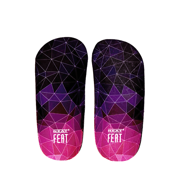 Top view of the Neat Feat Platinum Series Ladies 3/4 Length Inserts. The pair features a vibrant pink and purple design, offering a stylish look alongside comfortable support.