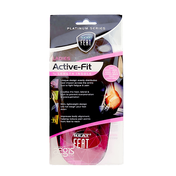 Front view of the Neat Feat Platinum Series Ladies 3/4 Length Inserts packaging. The mostly clear pack features black and pink accents on the label, with the pink top of the inserts visible through the transparent section.