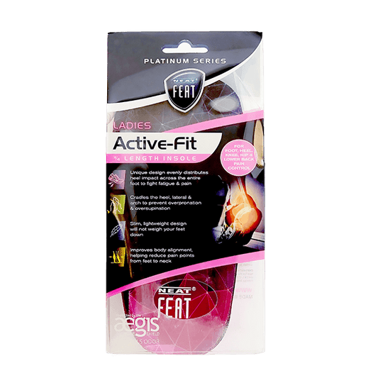 Front view of the Neat Feat Platinum Series Ladies 3/4 Length Inserts packaging. The mostly clear pack features black and pink accents on the label, with the pink top of the inserts visible through the transparent section.