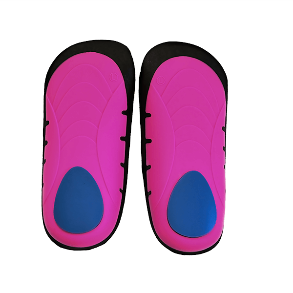 Underside view of the Neat Feat Platinum Series Ladies 3/4 Length Inserts. The design features a mostly pink base with a blue heel shock pad and a black rim for added structure.