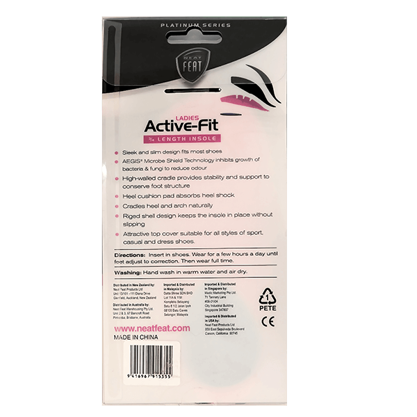 Back view of the Neat Feat Platinum Series Ladies 3/4 Length Inserts packaging. The box is mostly white with detailed black text providing product information and usage instructions.