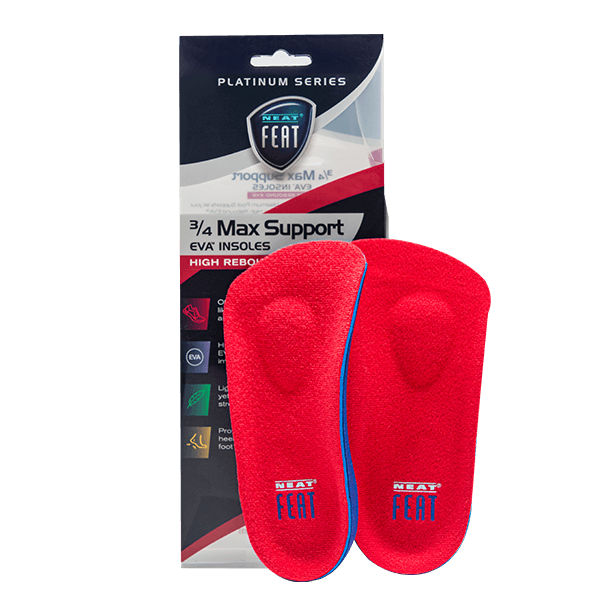 Platinum Series Maximum Foot Support 3/4 Insole, with the red insoles displayed outside of the packaging and sitting in front of it. The insoles feature a white and blue logo on the front, highlighting their design and support features.