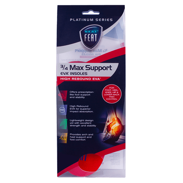Platinum Series Maximum Foot Support 3/4 Insole, displayed within clear packaging with dark blue and red accents. The red insoles are visible through the packaging, showcasing their design and support features.