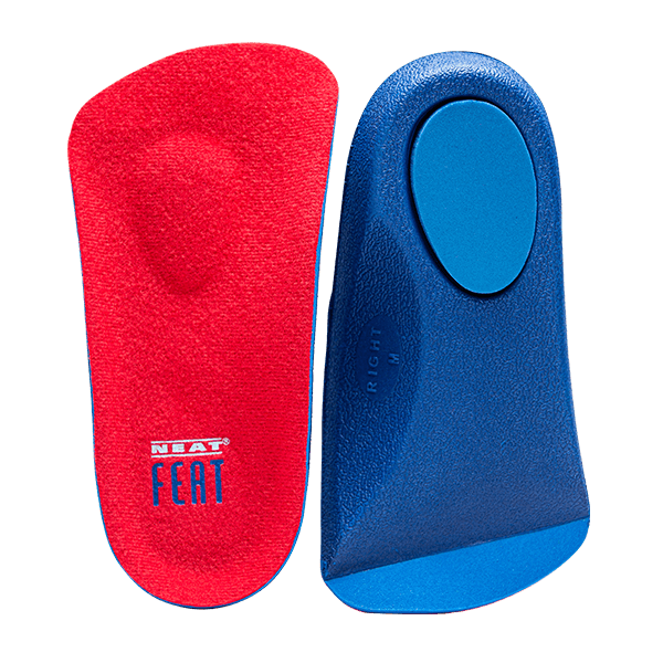 Platinum Series Maximum Foot Support 3/4 Insole, with both red insoles displayed. One insole is flipped, revealing its blue underside, showcasing the insoles' design and support features.
