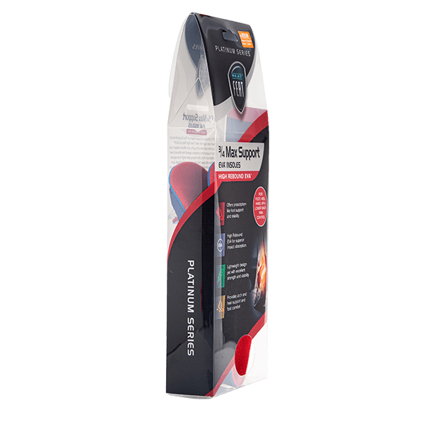 A side angle of the Platinum Series Maximum Foot Support 3/4 Insole packaging, showcasing the clear packaging with dark blue and red accents. The front of the box features branding and product details.