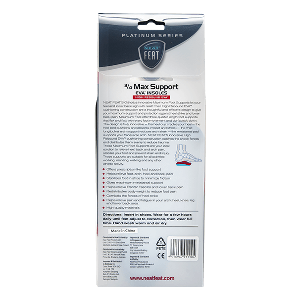 The back of the Platinum Series Maximum Foot Support 3/4 Insole packaging, mostly white with black font, displaying product details and usage instructions in a clean, organised layout.