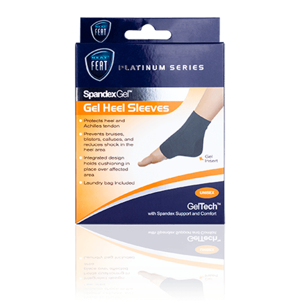 Platinum Series Spandex Gel Heel Sleeve for Protecting the Achilles Tendon. The front of the mostly blue and orange box features an image of a foot demonstrating the fit of the sleeve, highlighting its protective and supportive design.
