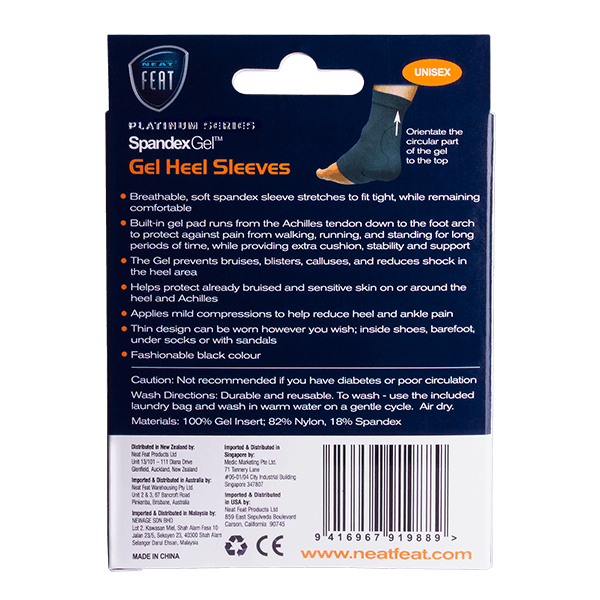 Platinum Series Spandex Gel Heel Sleeve box, mostly blue and white, featuring product branding and information in a clean, structured design.