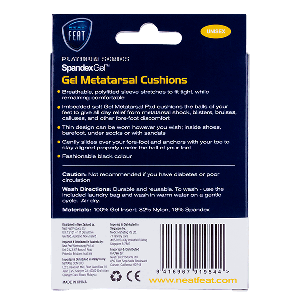 The back of the Platinum Series Spandex Gel Metatarsal Cushion box, mostly blue and white with white font, displaying product details and usage information in a clean layout.