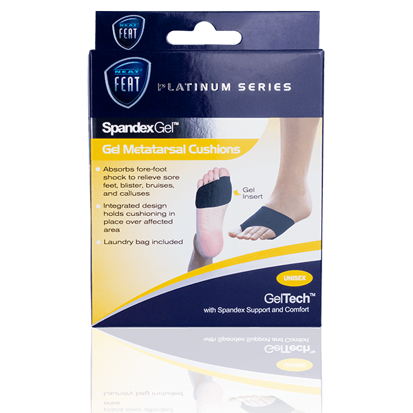 Platinum Series Spandex Gel Metatarsal Cushion for Sore Feet, Calluses, and Arthritis. The front of the mostly blue and yellow box features an image demonstrating the fit of the spandex cushion on a foot, highlighting its comfort and support benefits.