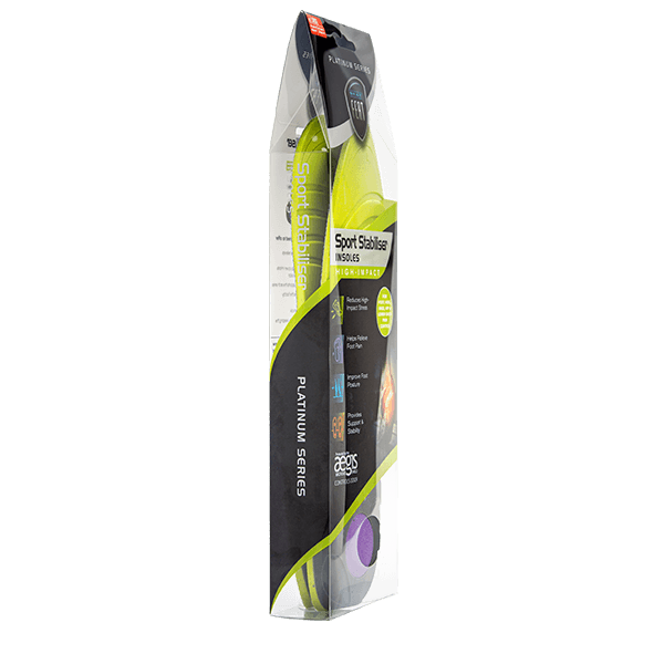 Platinum Series Sport High Impact Stabiliser Insole packaging, captured from a side angle of the front. The mostly clear packaging showcases the blue insole design with the white Neat Feat logo, alongside product branding and details.