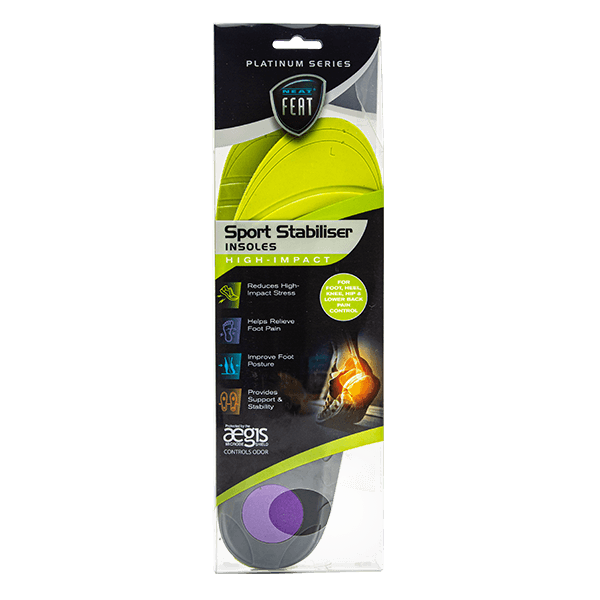 Platinum Series Sport High Impact Stabiliser Insole, with both insoles flipped within the mostly clear packaging to expose the underside. The insoles feature a yellow, black, and purple design, highlighting their stabilising and impact-absorbing features.