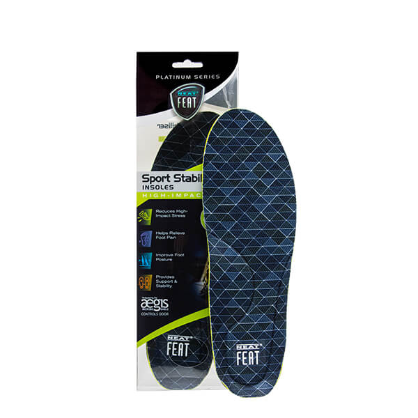 Platinum Series Sport High Impact Stabilizer Insole, with one insole inside its mostly clear packaging and the other slightly overlapping to the side. The insoles feature a blue design with a white Neat Feat logo, showcasing their stabilising and impact-absorbing features.
