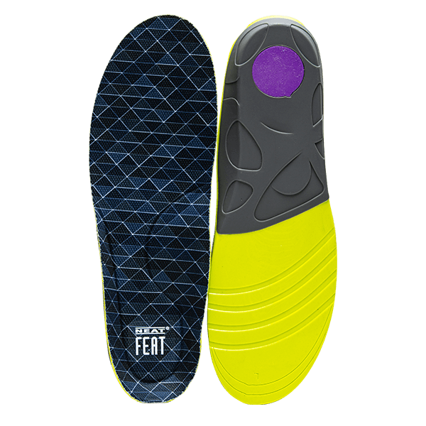 Platinum Series Sport High Impact Stabiliser Insoles, shown out of the box. One insole is flipped to reveal the yellow, black, and purple underside, while the other remains upright, displaying the blue upper with the white Neat Feat logo.