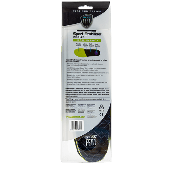 The back of the Platinum Series Sport High Impact Stabiliser Insole packaging, mostly white with black text, displaying product information and features in a clean and structured layout.