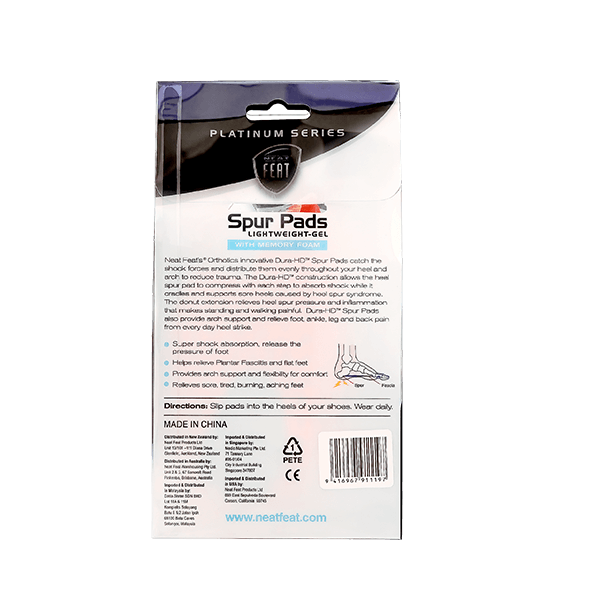 The back of the Platinum Series Spur Pads packaging, mostly white with black font, displaying product information and features in a clean, minimalist design.
